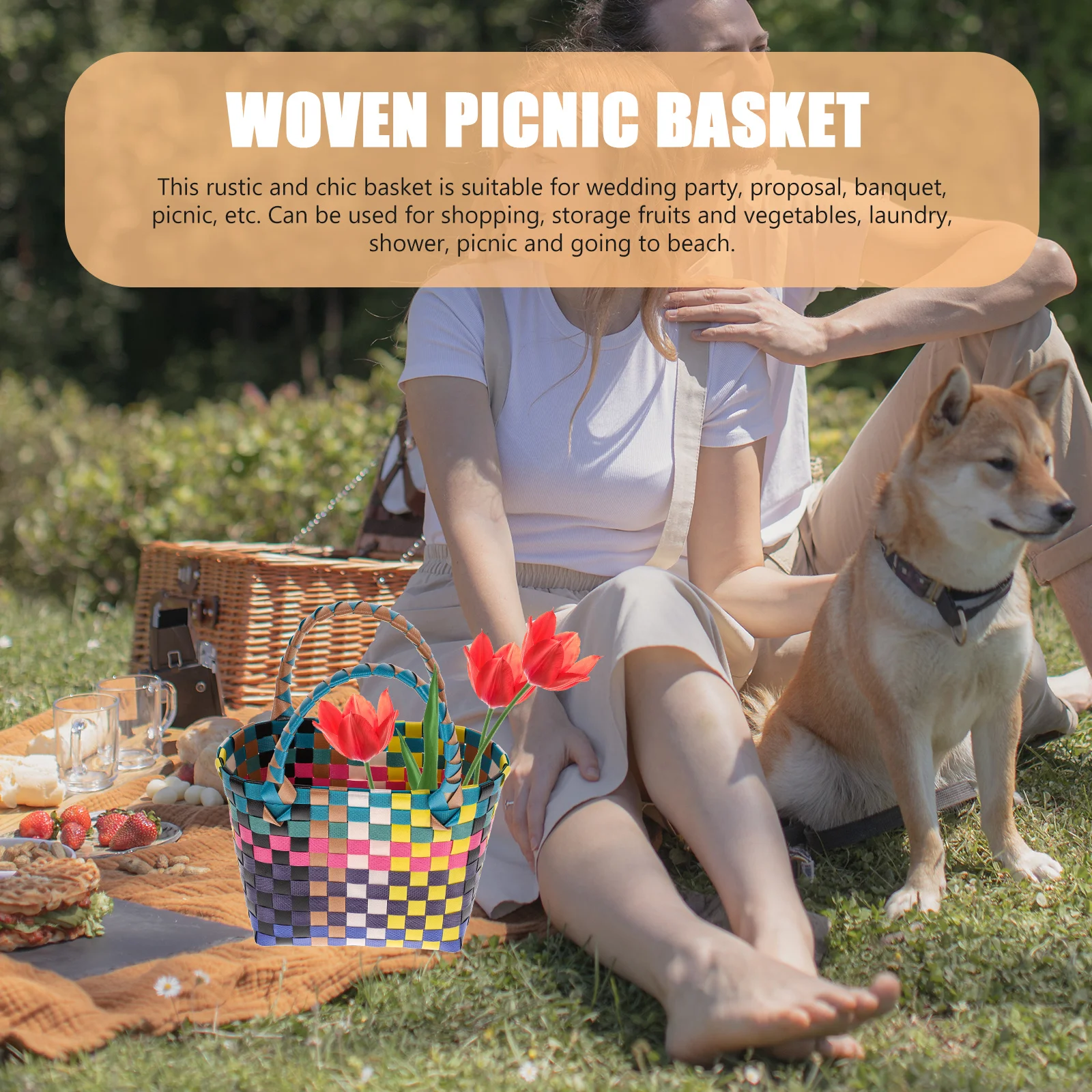 

Woven Storage Basket Handheld Rustic Picnic Basket Multi-Use Organizer Fruit Vegetable Kitchen Outdoor