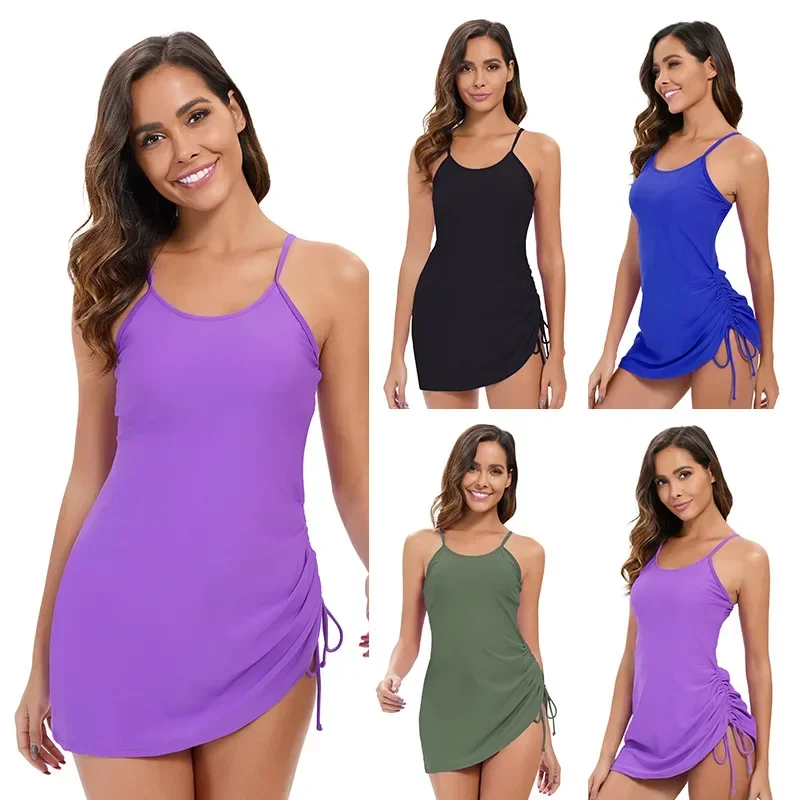 

Women's Modest Backless Two-Piece Swimsuit Set Solid Color Adjustable Drawstring for Beach Pool Wear Bathing Suit