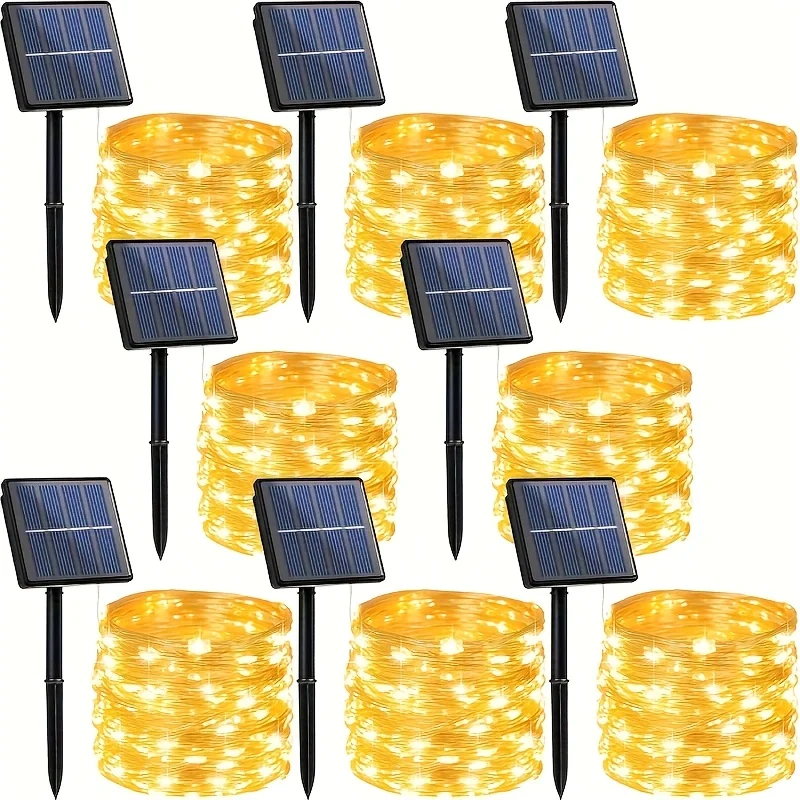 8/9-Pack Solar-Powered Outdoor String Lights – 33ft Copper Wire with 100 Warm White LEDs, 8 Light Modes, Weather-Resistant Design for Gardens, Trees, Patios & Decorative Use