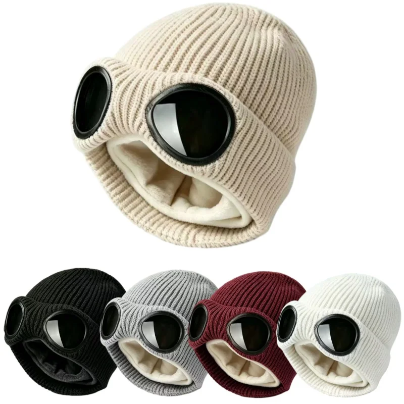 Glasses Winter Knitted Beanie Hat for Men Women Fleece Lined Ear Flap Slouch Hat Windproof Warm Outdoor Cold Resistant Cap