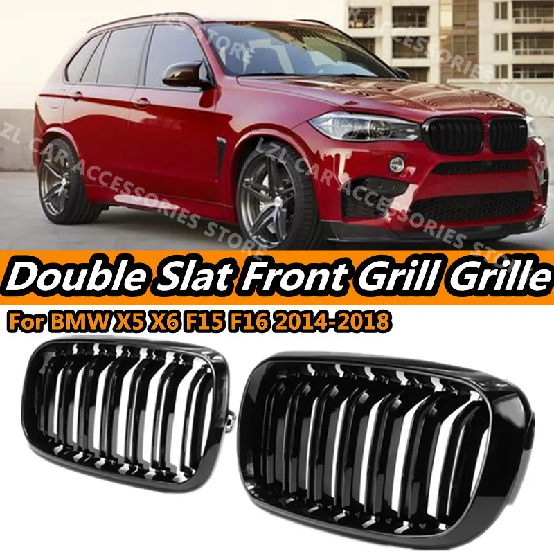 Gloss Black Car Grille Grill Front Kidney 2 Line Double Slat For BMW X5 F15 X6 F16 X5M F85 X6M F86 2014-2018 Car Accessories