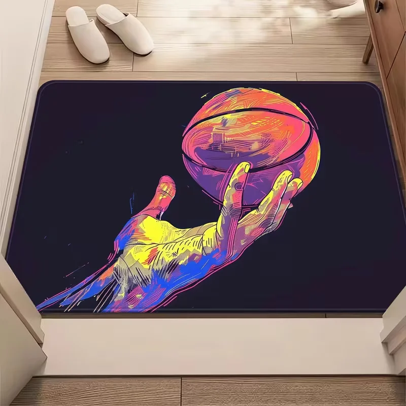 Illustrative Style Basketball Theme Door Mat Neon Ball Hand Print Entrance Rug Soft Non-Slip Home Decor Carpet for Sport Fan Gym