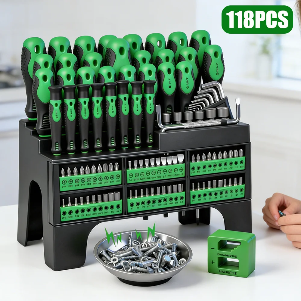 Magnetischer Schraubendreher, Präzisionsschraubendreher-Set, manuelles Handwerkzeug-Set mit Aufbewahrungsständer, rutschfester ergonomischem Griff für Heimwerkerarbeiten, Outdoor-Arbeiten, Auto und