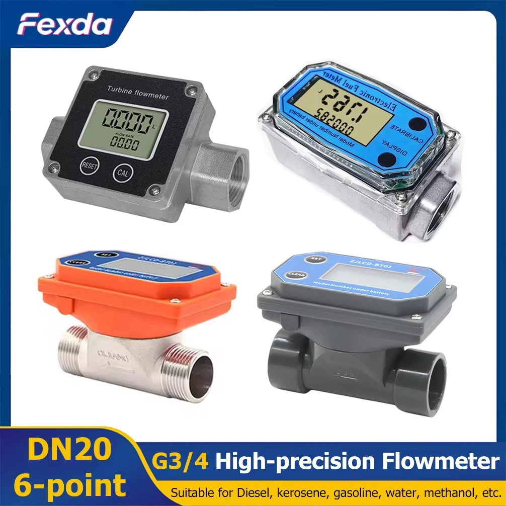 DN20 Electronic Water Flow Meter LCD Display G3/4 High Precision Stainless Steel Turbine Flowmeter for Petrol Engine Oil Diesel