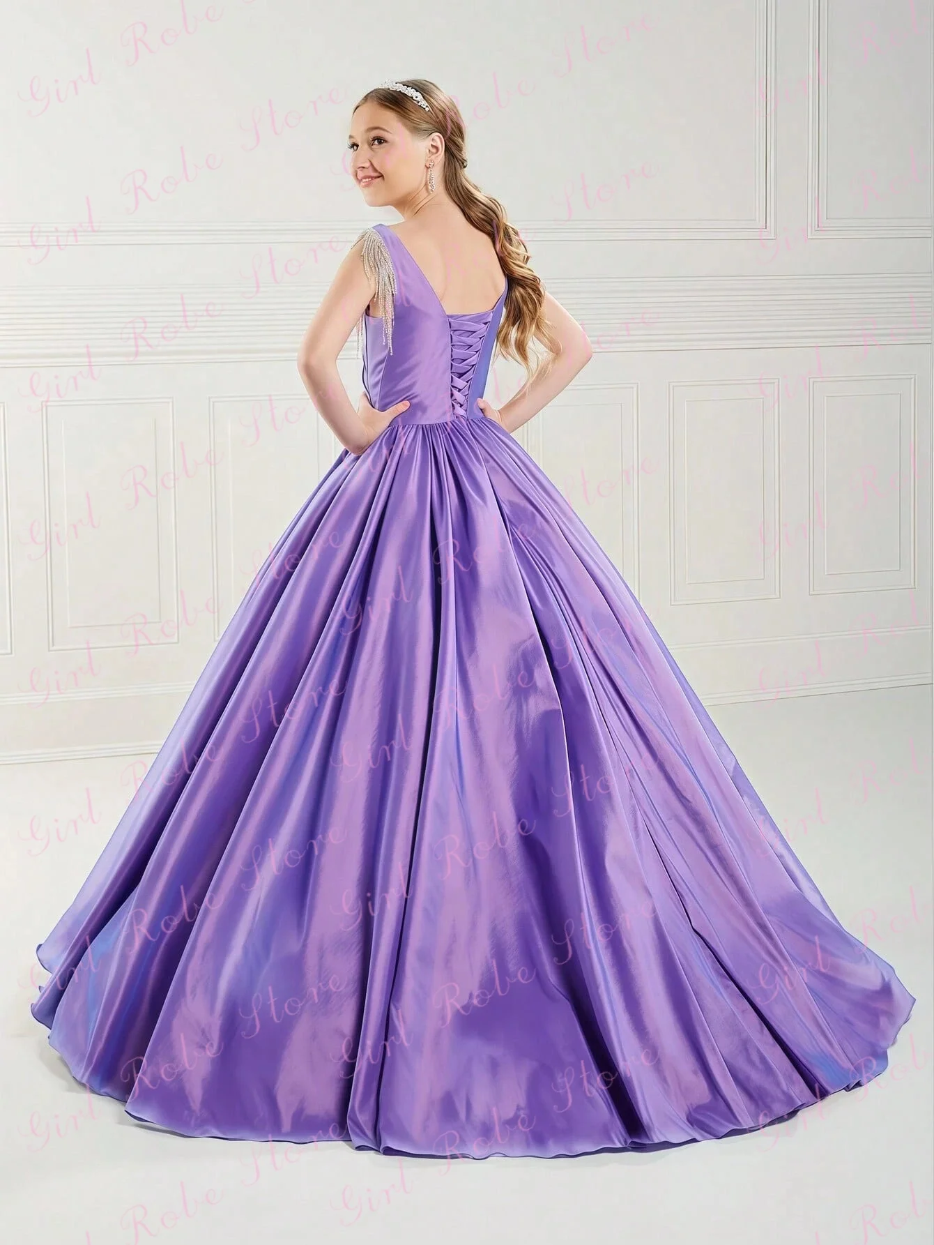 Customized Purple Flower Girl Dress Beading Floor Length Quality Satin Teenager Evening Party Pageant Birthday Party Ball Gown