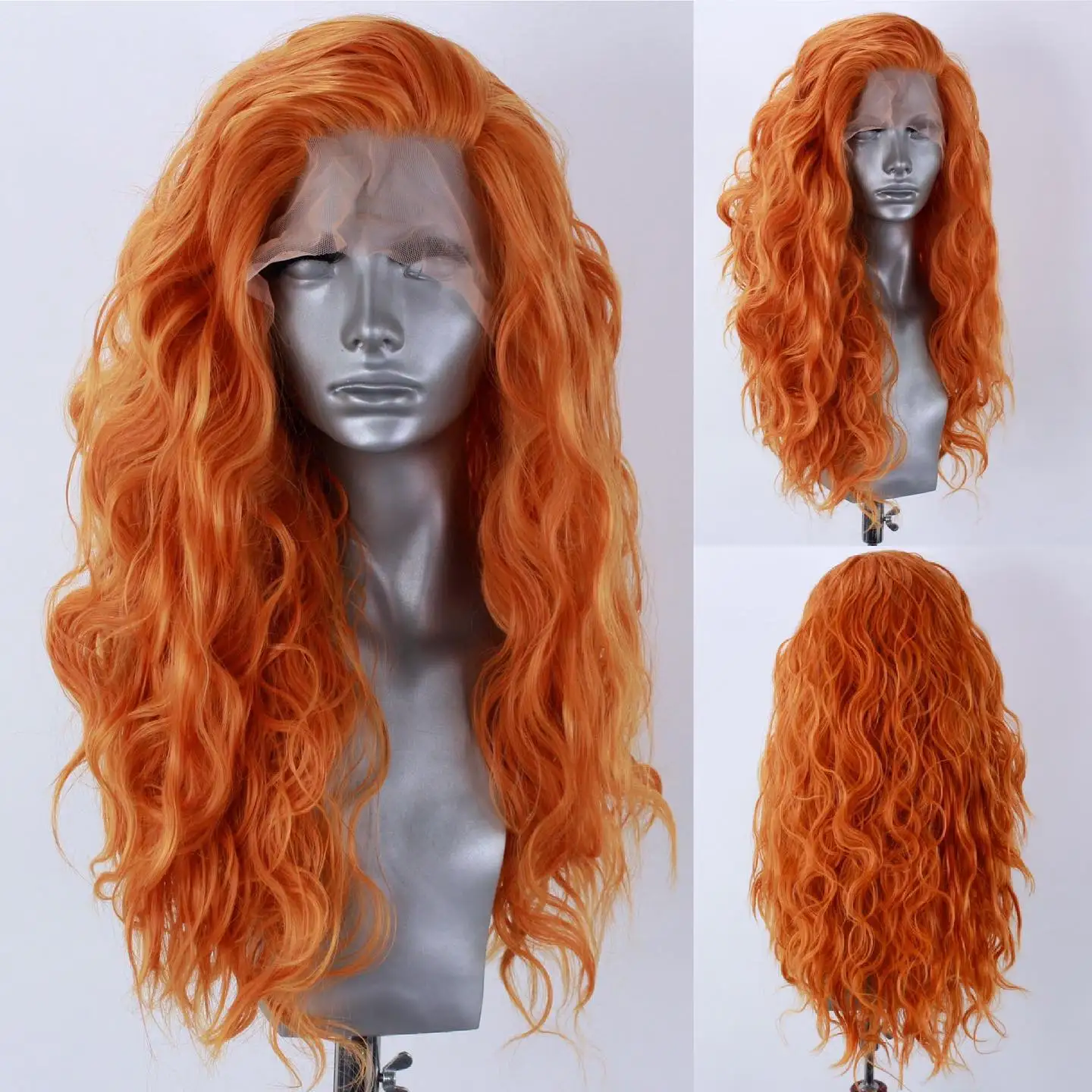 MXWIGS Orange Colored Water Wave Glueless Synthetic Hair Lace Front Wig For Black Women High Temperature Fiber Cosplay