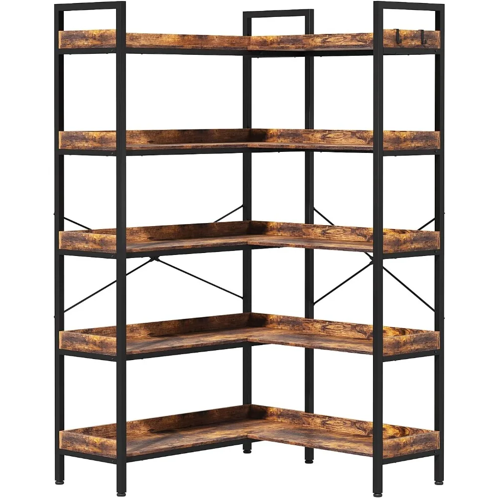 Estante de 5 camadas, estante de canto reversível em forma de L, estante industrial aberta de 65" com estrutura de metal e 4 ganchos