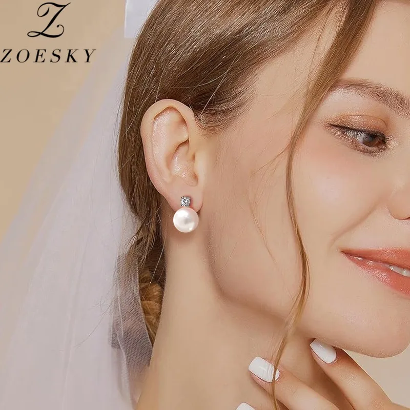 

Zoesky 8-12mm Freshwater Round Pearl Zircon Stud Earrings For Women 925 Sterling Silver Earring Wedding Party Fine Jewelry Gift