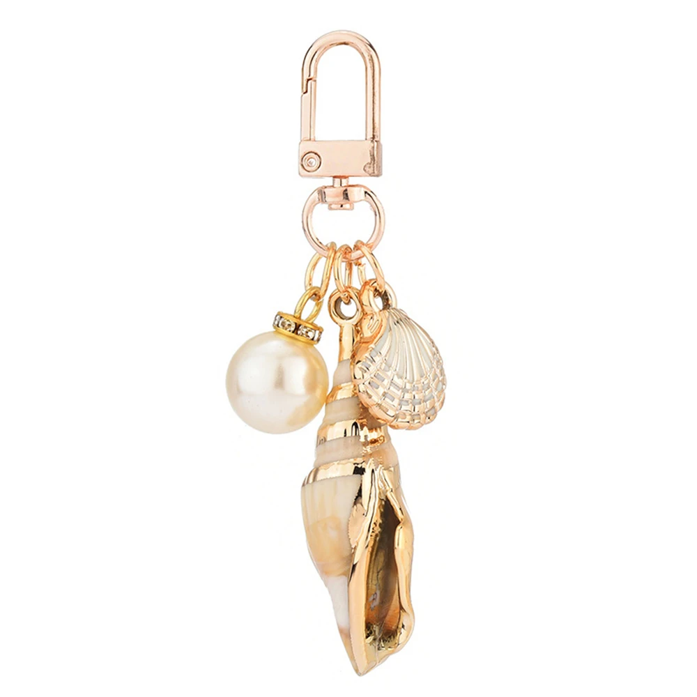 Luxury Pearl Conch Keychain Metal Bell Pendant Keyring for Women Purse Headphone Case Accessorie Bag Ornament Jewelry Gift