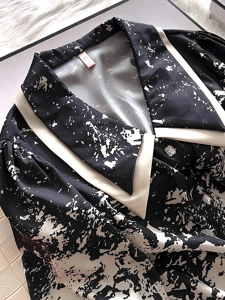 New Black White Printed Pajamas Women's Thin Edition High end 100% Silkworm Silk Home Clothes Long Sleeve Set