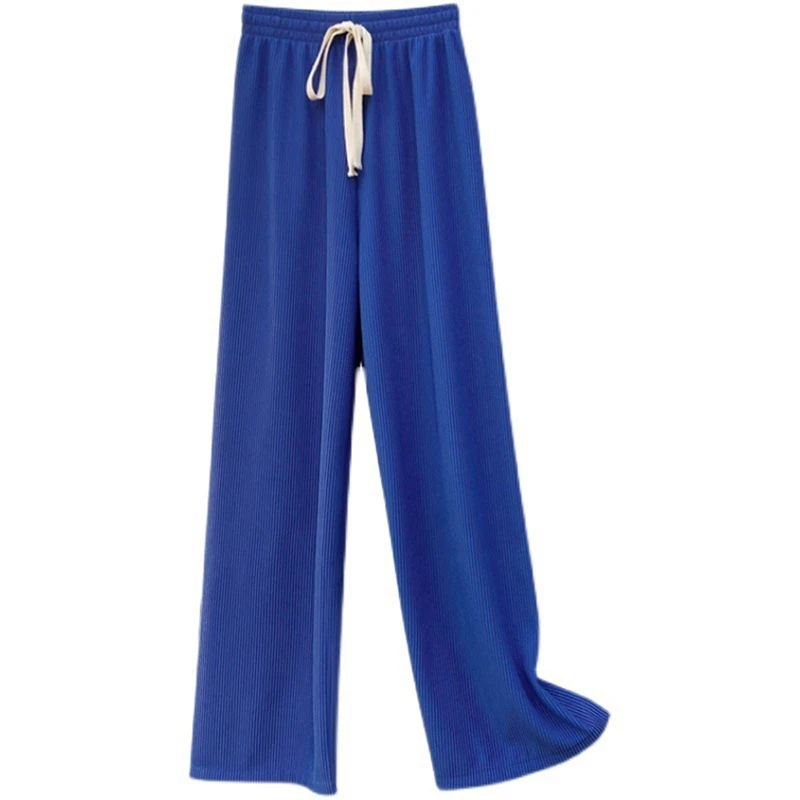 Pantaloni da donna pantaloni a gamba larga a vita alta elasticizzati pantaloni estivi a coste lunghe larghi con coulisse effetto dimagrante