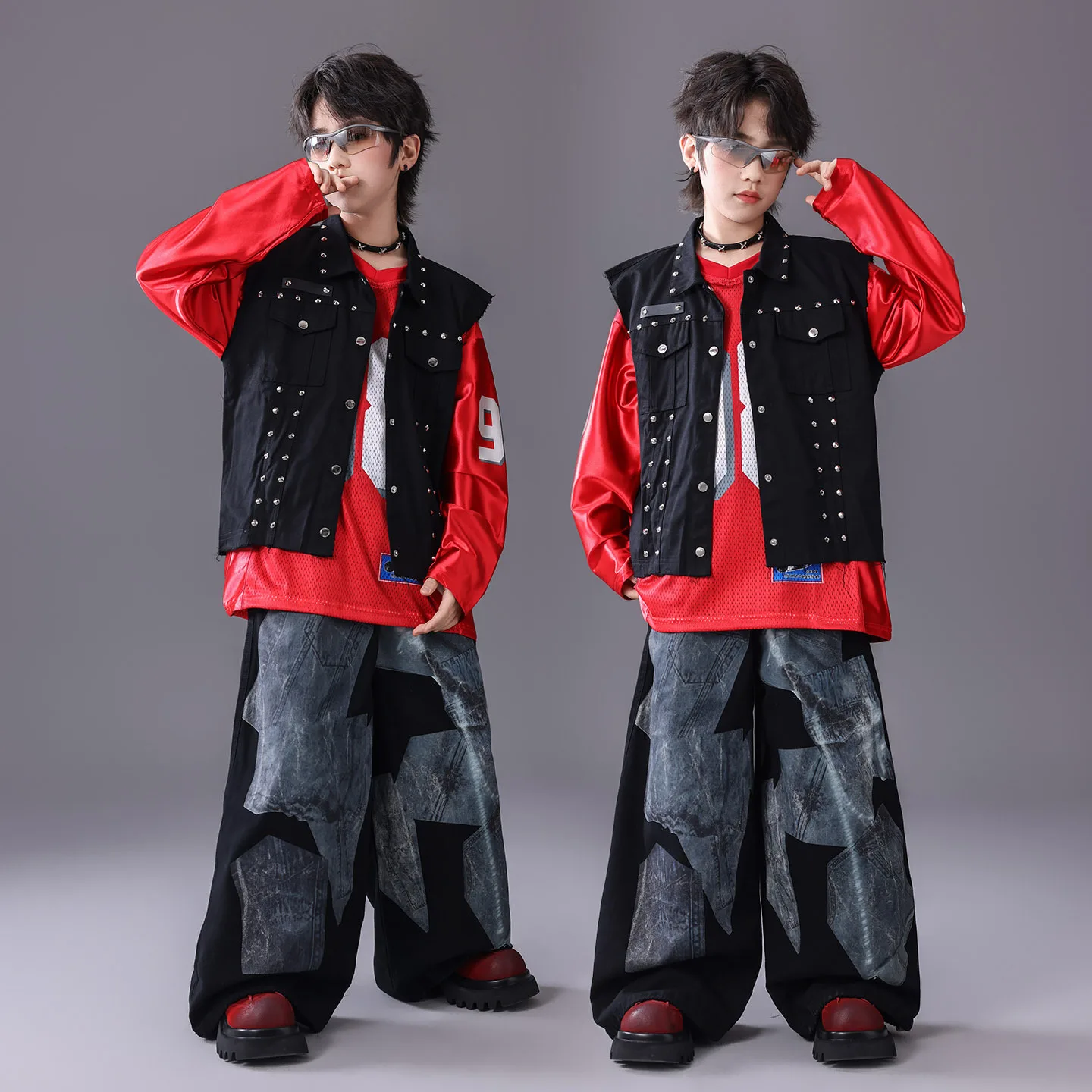 طفل Kpop الهيب هوب الملابس السوداء برشام سترة حمراء البلوز الدنيم طباعة واسعة الساق الجينز السراويل للفتيات الفتيان أزياء رقص الشارع #4