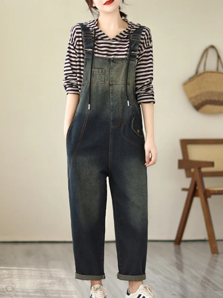 # 1469 ตรงDenim Overallsผู้หญิงหลวมVINTAGE Gradient Blue DENIM Jumpsuits Rompersหญิงฤดูใบไม้ผลิฤดูใบไม้ร่วง