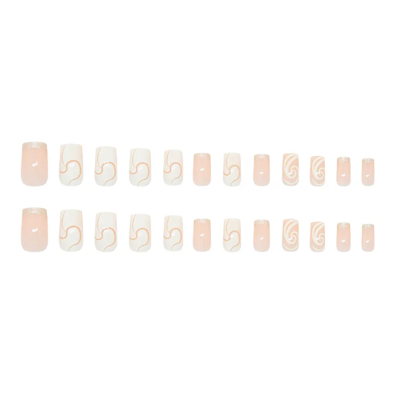 24 stuks lange vierkante pers op nagels - champagne en crème witte glitter met onregelmatige strepen en aderen ontwerp
