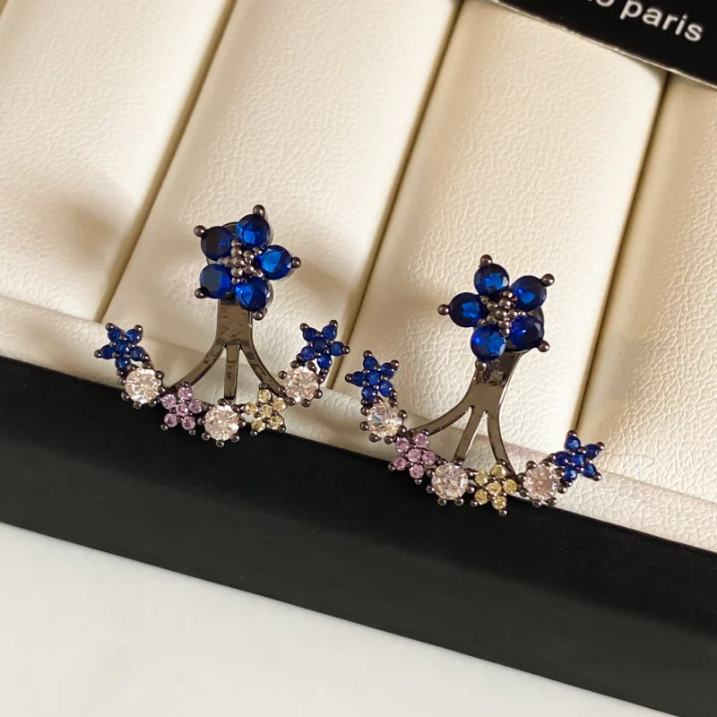 DREJEW Two Way Wear Flower Stud Earring Curved Multi Floral Back Design for Daily Dating Party Casual Wear Jewelry