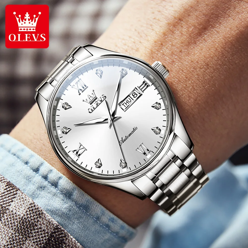 OLEVS Classic Automatic Watch for Men Dual Calendar Simple Diamond Dial Stainless steel Luminous Waterproof Mechanical Watch