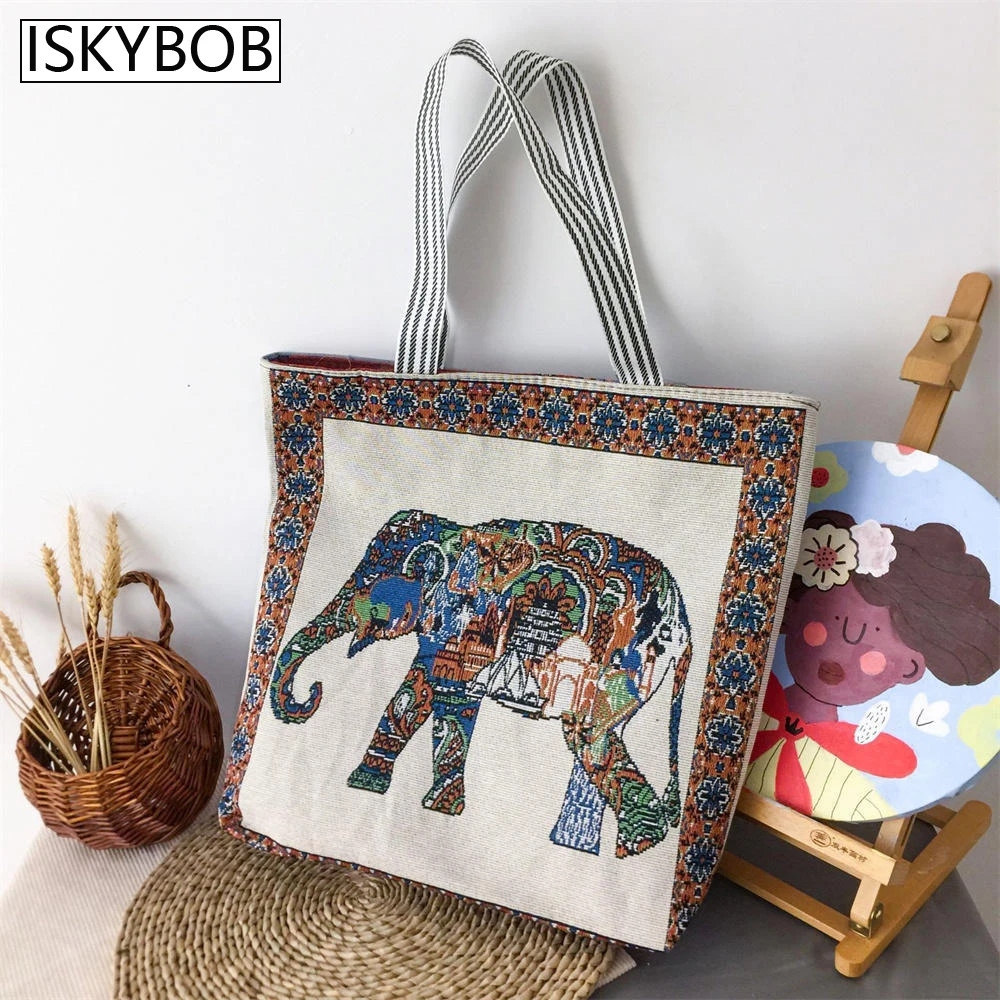 Boho Embroidered Handheld Bag Women Retro Printed Shoulder Bag Large Capacity Urban Commuter Bag Portable Shopping Bag Bolsas