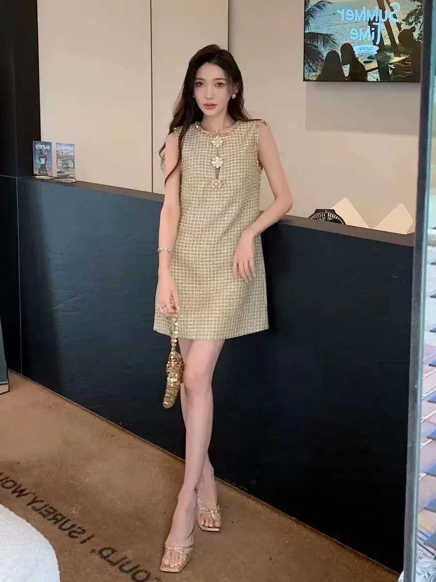 

Flower sleeveless dress exquisite coarse tweed heavy dress for women industry diamond inlaid early autumn new style socialite