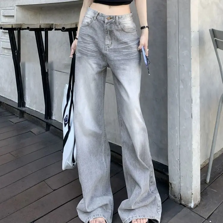 

Jeans High Waist Summer Grey Womens Baggy Casual Vintage Y2K Trend Straight Pants Street American Wide Leg Denim Trouser