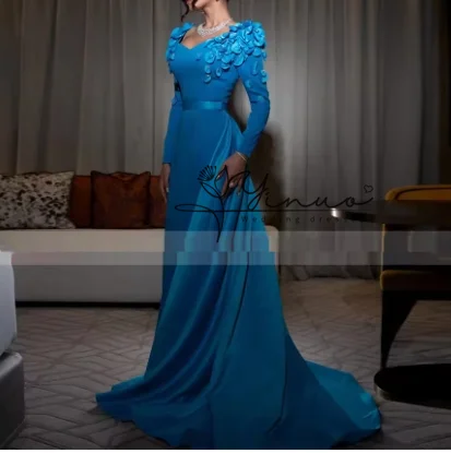 Vestidos de noite azuis reais personalizados para mulheres flores mangas compridas vestidos de noite com trem destacável parte de luxo