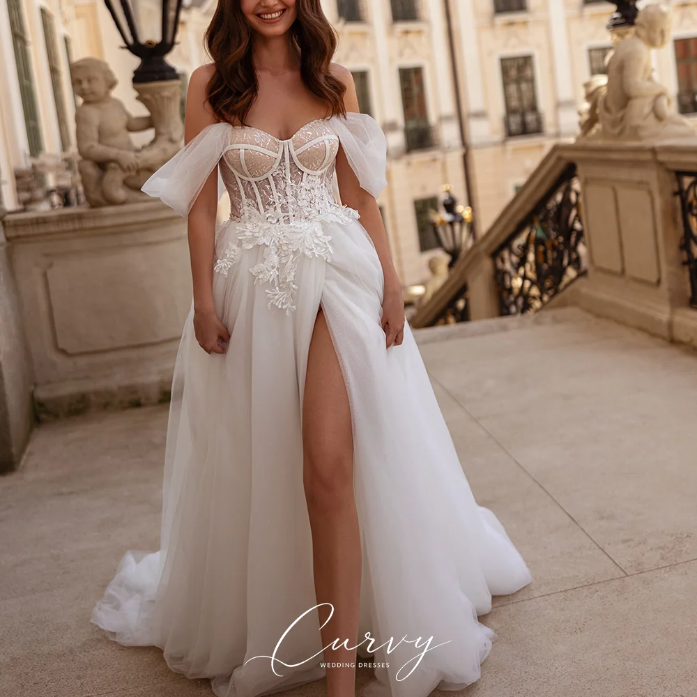 Curvy Minimalist Romantic Customized Off-Shoulder Corset Sheer Tulle Beaded A-Line Wedding Dress Sheer Bodice Side Slit 2026