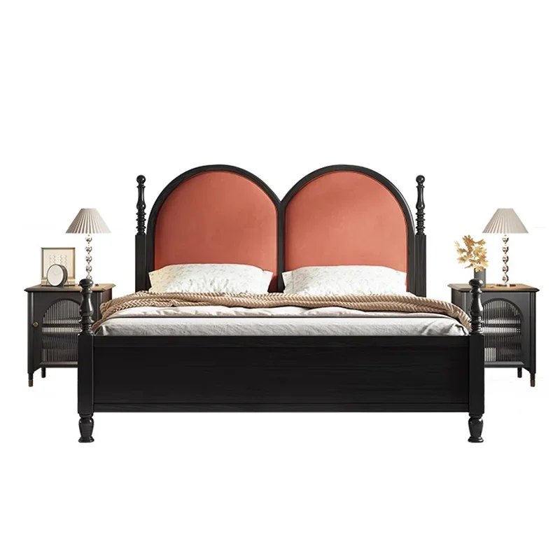 American Vintage Old Paris Double Solid Wood Bed Master High Backrest Black Bed French Roman Pillar Velvet Bed