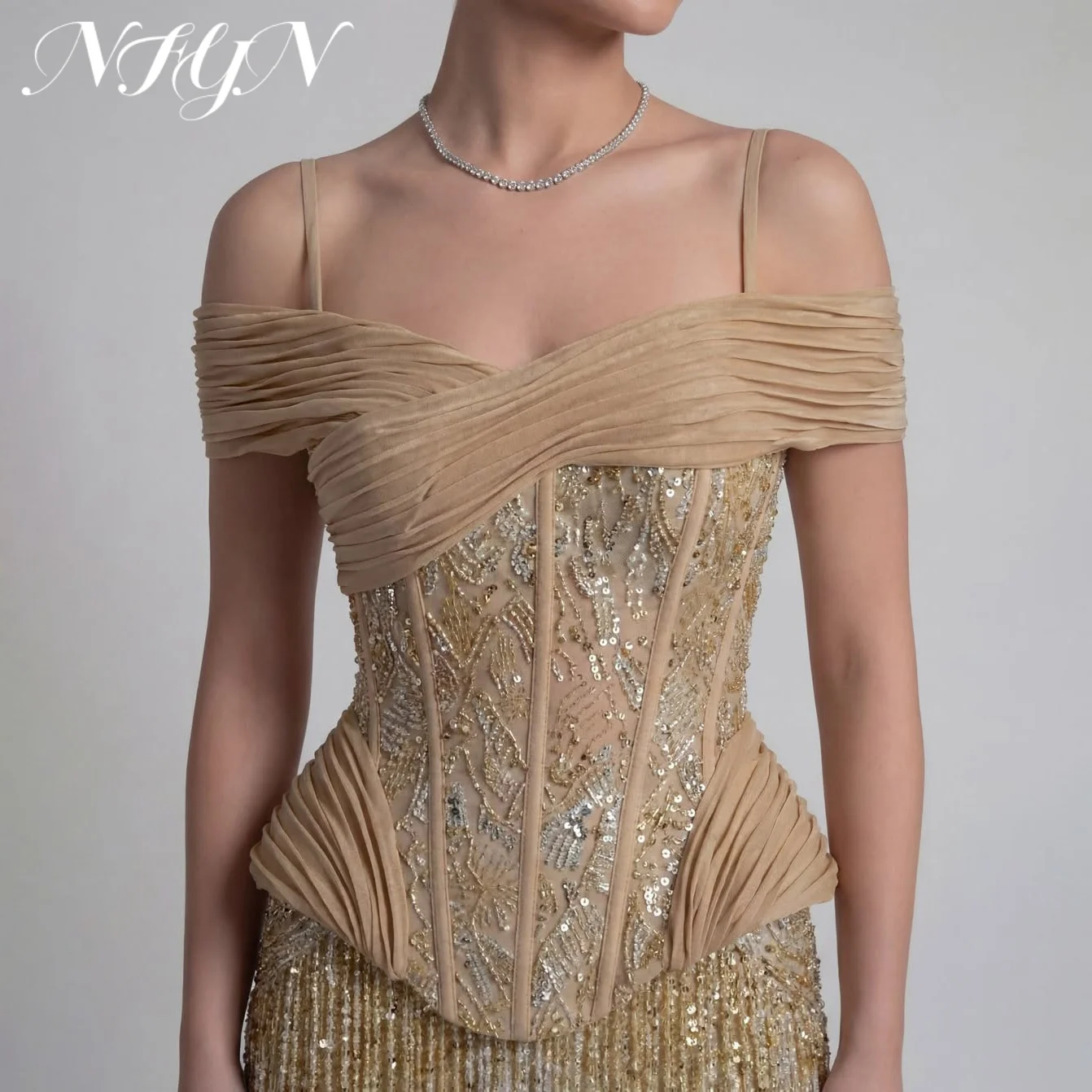 NFYN Champagne Nude Mermaid Prom Dress Sequined Lace Bead Evening Dress Shimmer Bead Fringe Mesh Floor Party Dress Customized image 3