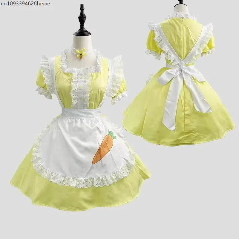 

2025 Yellow Maid Dress with Apron Coffee Servant Dress Up Square Neck Anime Lolita Cosplay Costume Women Uniform