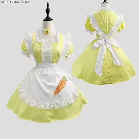 2025 Yellow Maid Dress with Apron Coffee Servant Dress Up Square Neck Anime Lolita Cosplay Costume Women Uniform