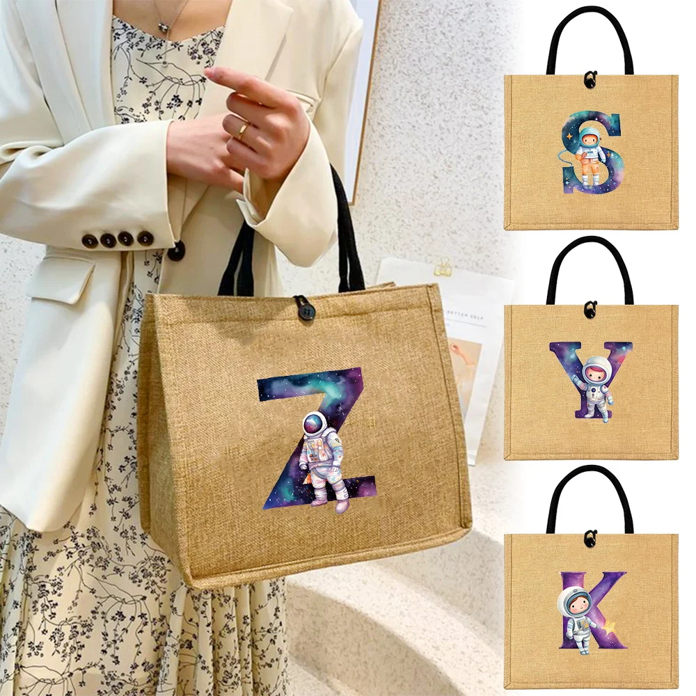 

Flax Bag Button Handbag Organizer Storage Jute Tote Bags Imitation Cotton Shopping Valise Portable Astronaut Printing Series