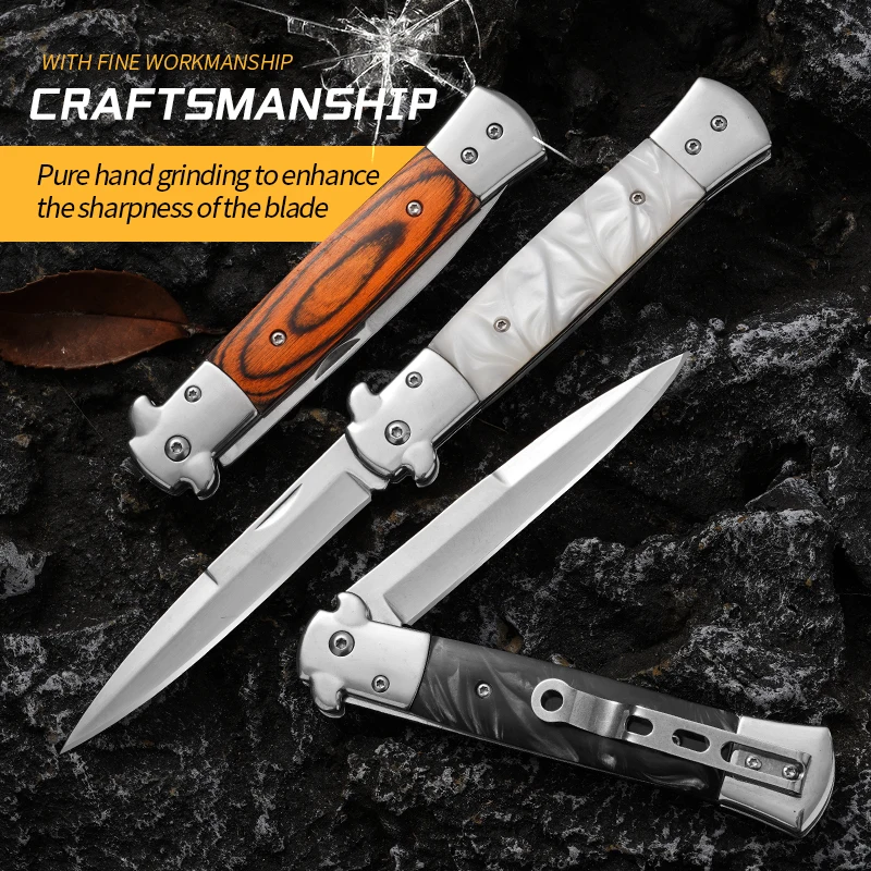 Outdoor multi-function folding knife, stainless steel color wood folding knife, high hardness self-defense knife, fruit knife