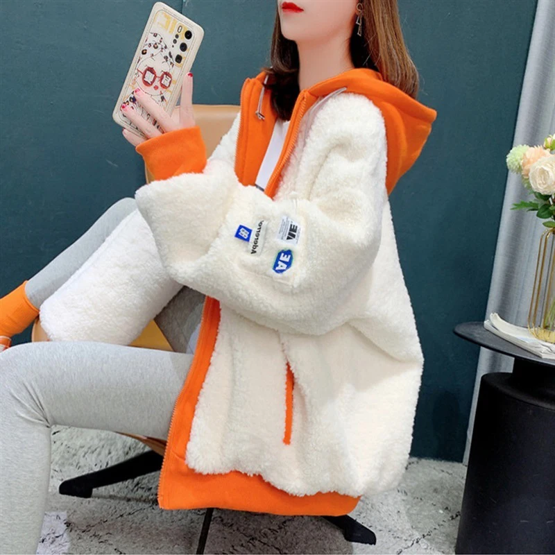 New Women's Autumn Winter Thick Lamb Wool Sweater Coat Loose Oversized Hoodie Outerwear Female Casual Warm Hooded Sweatshirt