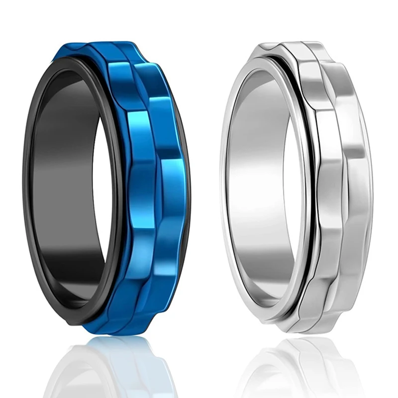 Men's 6mm High Polished Titanium Spinner Ring with Square Texture Stainless Steel Gear Rotating Anxiety Fidget Ring Charm Jewelr