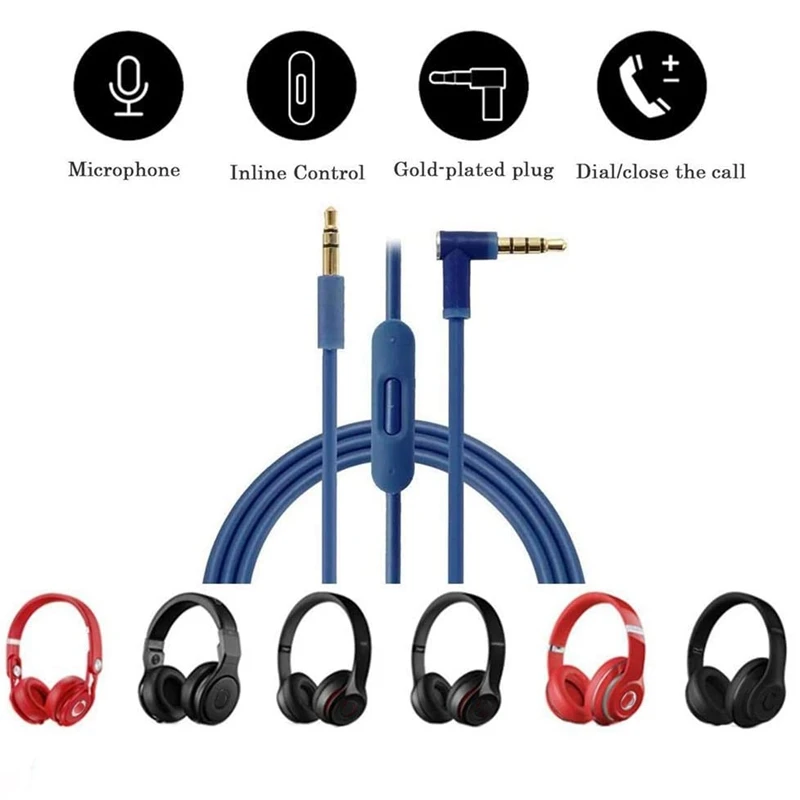 Substituição do cabo de áudio com controle do microfone em linha, batidas pelo Dr. Dre Headphone, solo, estúdio, pro, desintoxicação, sem fio, preto, vermelho