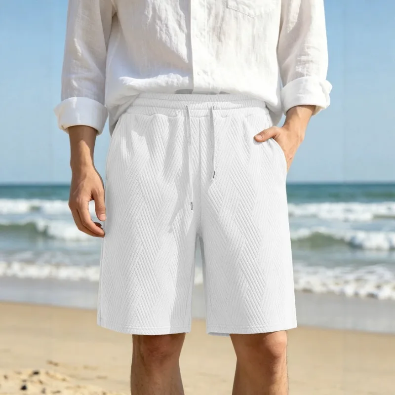 Men Diagonal Textured Casual Shorts Drawstring Elastic Waist Breathable Summer Sport Beach Five Point Shorts