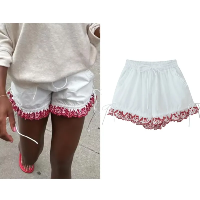 

Women's Embroidered Shorts Summer New Elastic Waist With Pockets Lace-up Shorts Fashion Casual Female Shorts