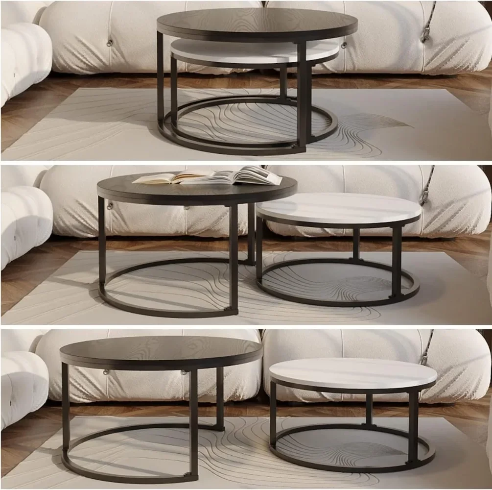 Round Coffee Tables 2 Round Nesting Table Set Circle Coffee Table W/ Storage Open Shelf for Living Room Modern Minimalist Style