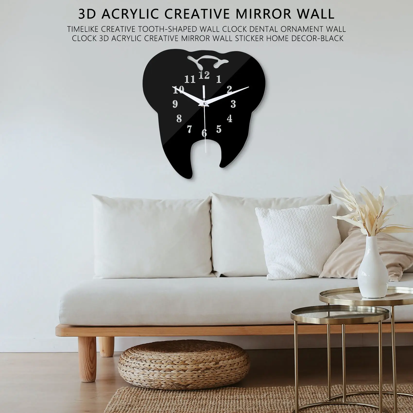 Timelike Creative Tooth-Shaped Wall Clock Ornament Wall Clock 3D Acrylic Creative Mirror Wall Sticker Home Decor
