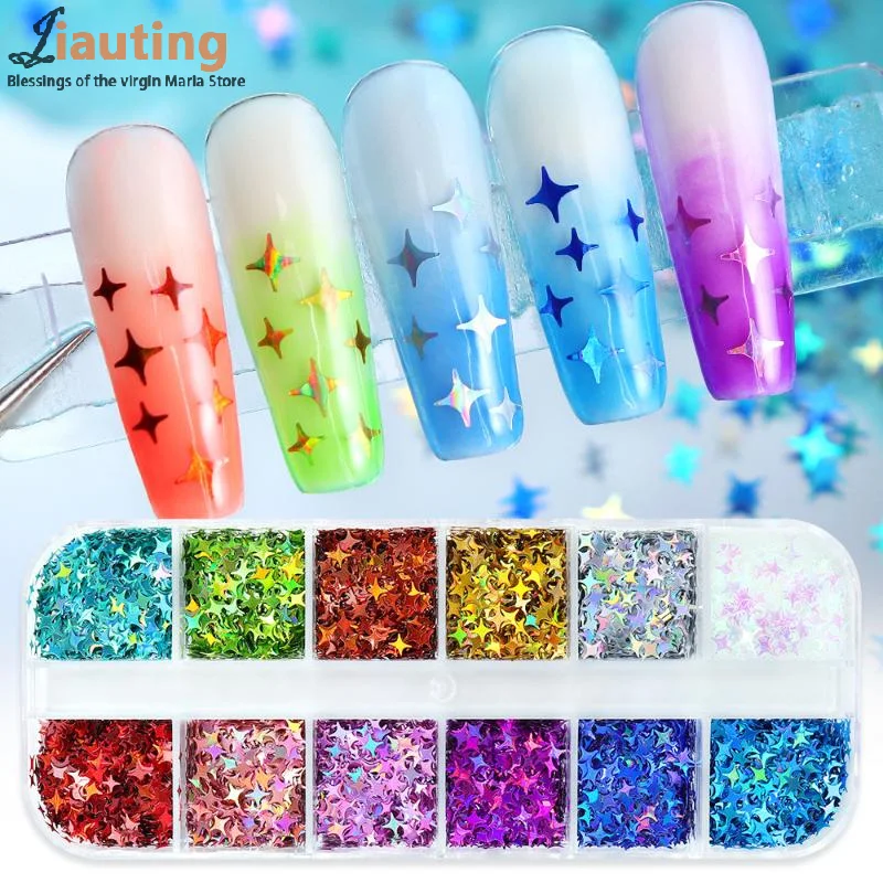 Encantos de unhas laser estrela lantejoulas coloridas encantos de unhas mix 3d folha fina decoração da arte do prego para manicure gel diy fornecimento de unhas