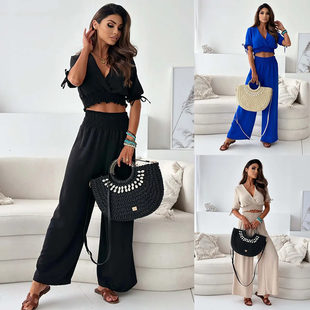 Solid Short Sleeve Trousers Suit Summer Fashion V-neck Top Elegant Office Casual 2 Piece Set New White Holiday Sets