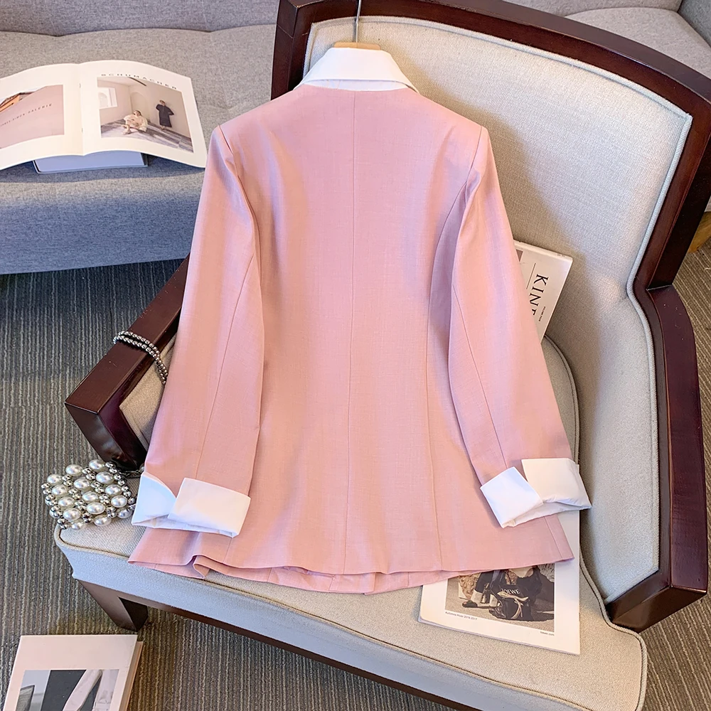 Plus size women's suit jacket lapel Pink solid color commuter fashion casual buttons loose comfortable autumn fake two pieces