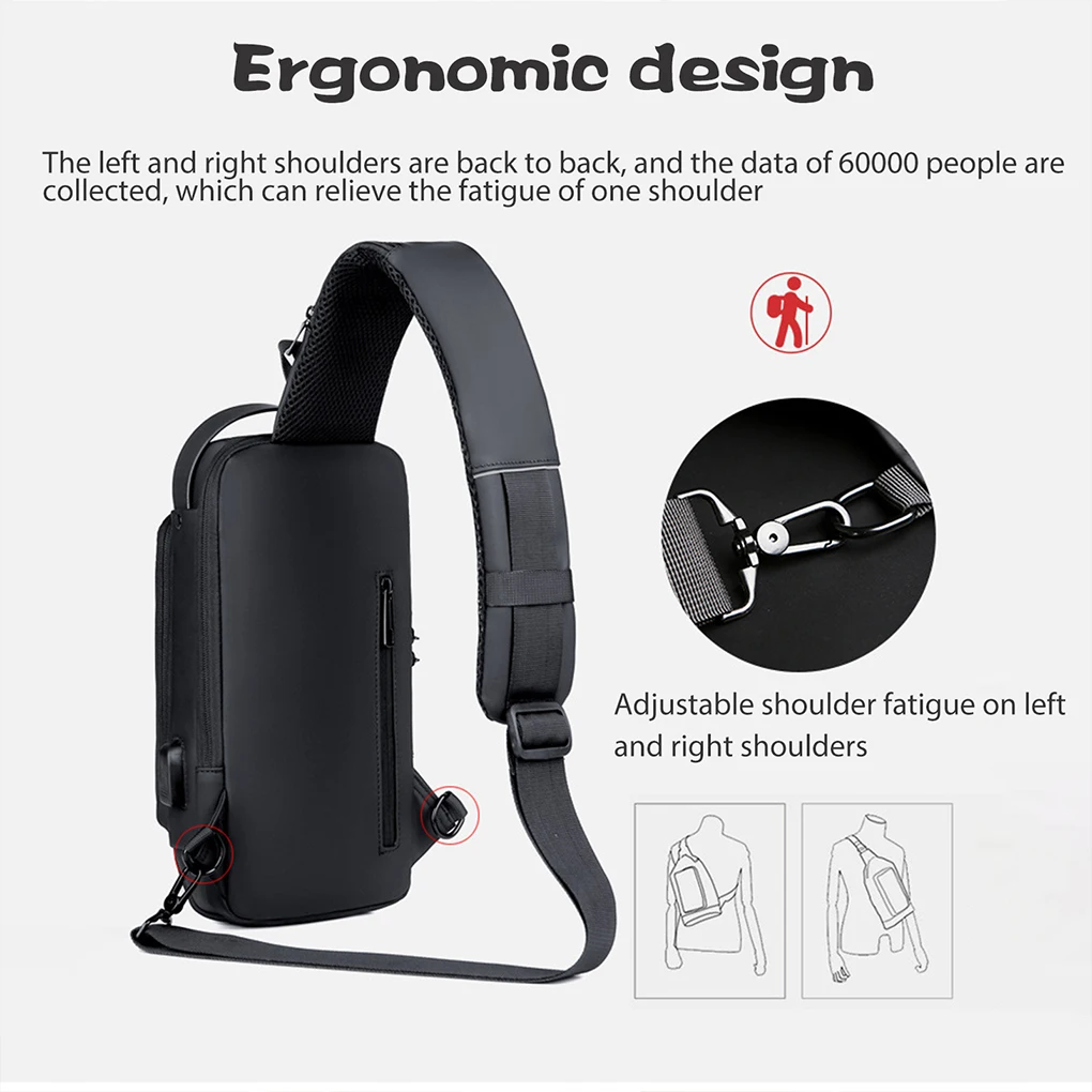 Pacote de peito impermeável USB Messenger para homens, mochila Oxford Sling, bolsa tiracolo, bloqueio de senha, ombro anti-roubo, mochilas escolares