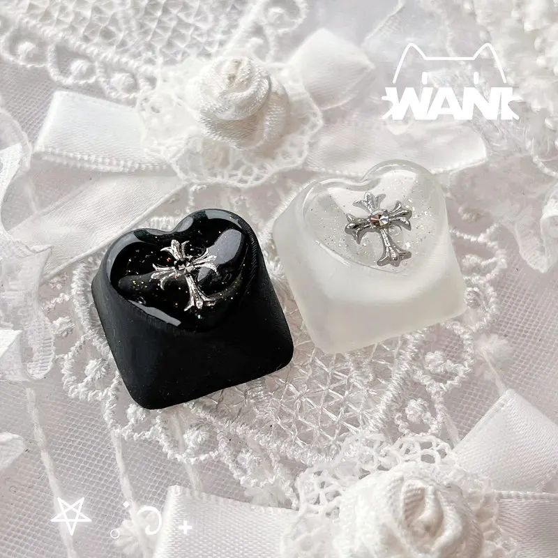 WANI Artisan Keycap Frosted Translucent Heart Shaped Silver Cross Glitter Epoxy Resin For Magnetic Axis Mechanical Keyboard