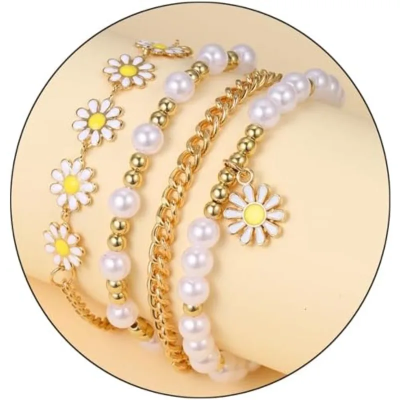 4Pcs Daisy Flower Bracelets Pearl Beaded Gold Boho Layered Bracelet Set Jewelry for Women