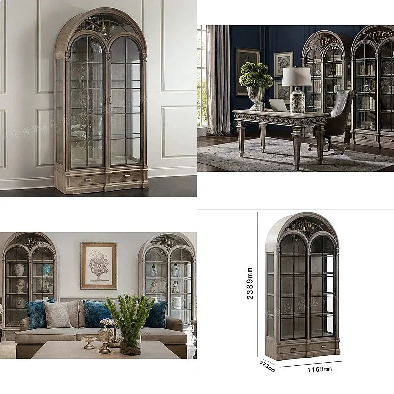 YUI French Style Arched Solid Wood Wine Cabinet Buffet Sideboard, Retro Display Storage Cabinet for Small Living Room