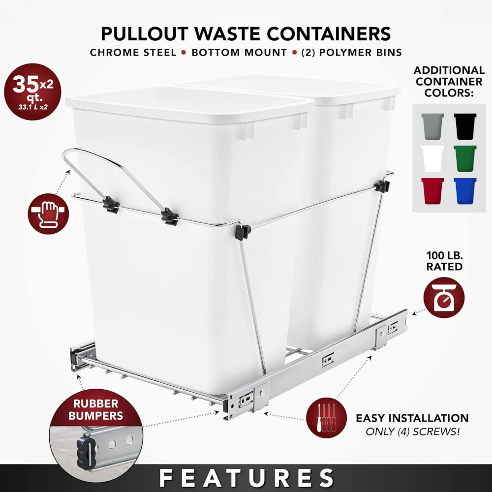 Double Pullout Trash Can for Under Kitchen Cabinets 35 Quart 12 Gallon Garbage Recycling Bin on Full Extension Slide