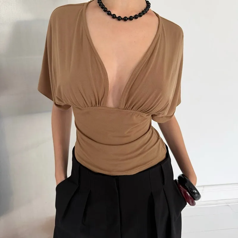 

Talenza Women Sexy V-Neck T-Shirt Summer High Waist Pleated Patchwork Tops Fashion Casual Commuting Solid Streetwear Female Tops