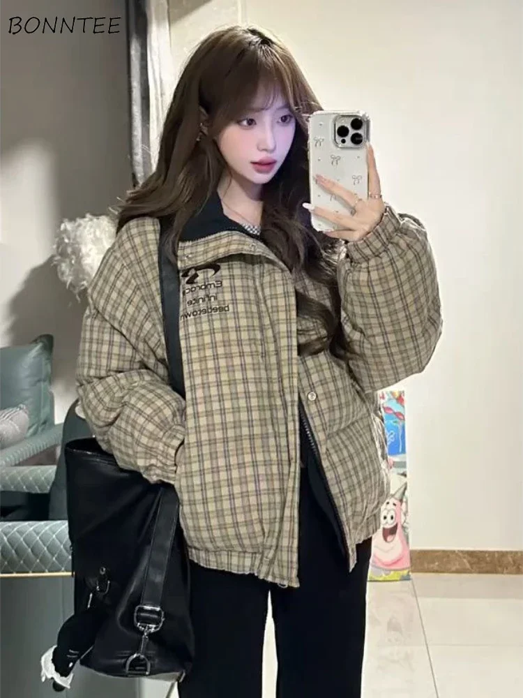 

Plaid Parkas Women Vintage Baggy Warm Double Sided Coat American Style Personality Fashion Streetwear Winter Thicker Windproof