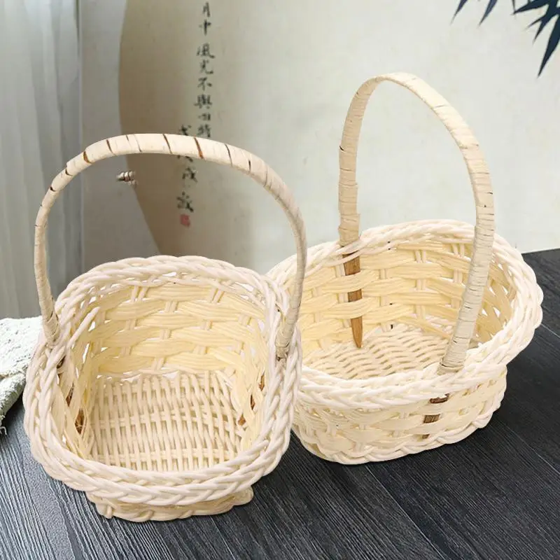 Hand Made Wicker Flower Basket Portable Handle Party Wedding Picnic Decorative Basket Kid Gift Easter Wicker Rattan Storage