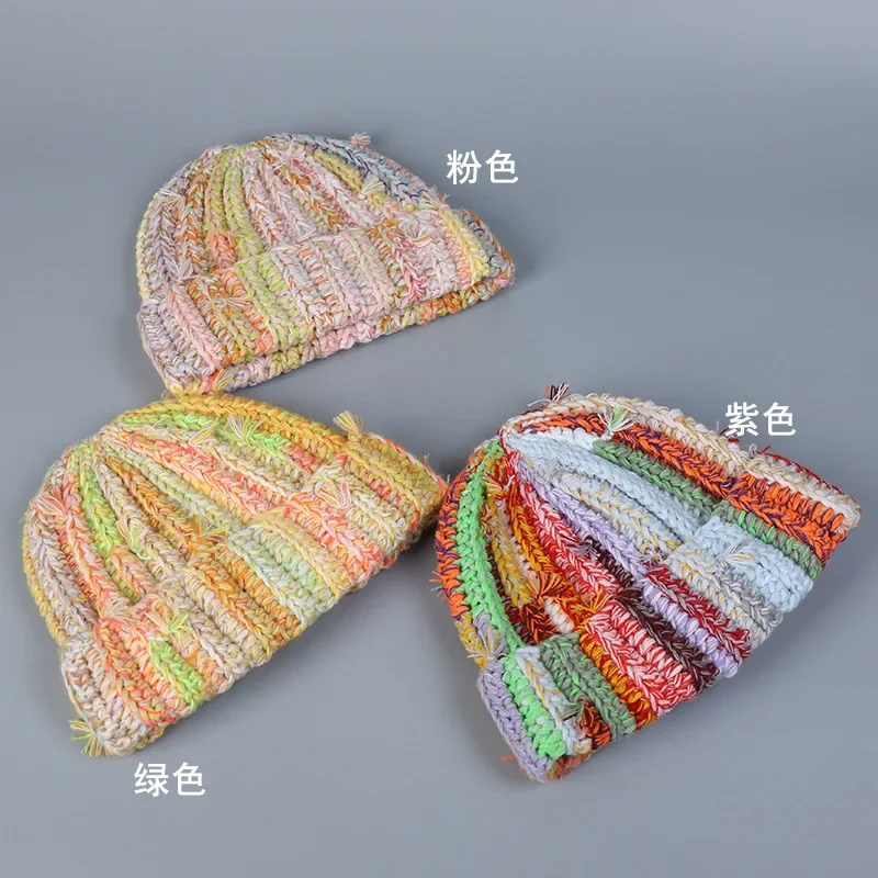 Handmade Heavy Industry Multi-strand Twist Mixed Color Wool Beanie Cap Dopamine Color Hat Women\'s Winter Thermal Pullover Hat